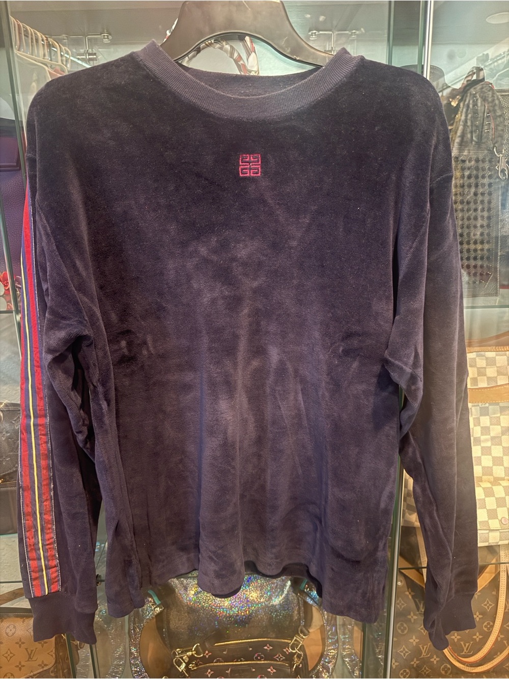 Givenchy vintage velour  1980’s Navy Crewneck Top with Contrasting Logo
